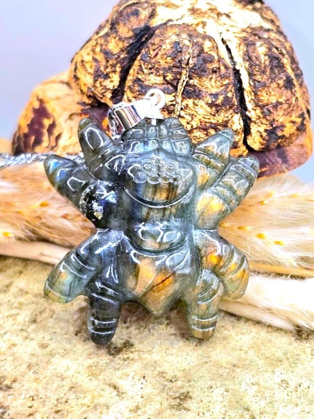 Natural Labradorite Carved Spider Pendant Necklace